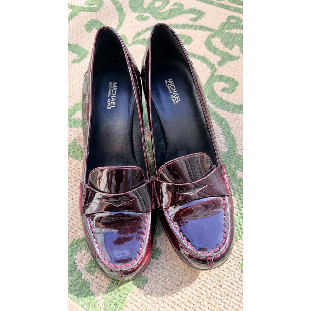 Michael Kors Burgundy Patent Leather Heeled Penny Loafers Block Heel